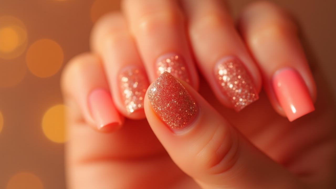 Glitter ombre nail art design in pink and gold