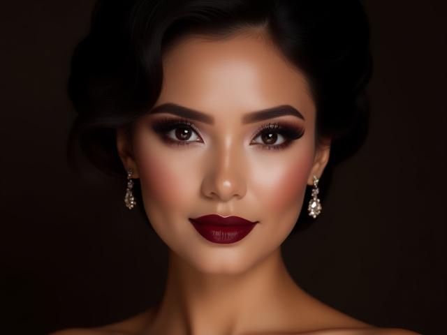 Solekan pengantin glamor dan berani untuk bakal pengantin Cina, dengan mata menawan dan bibir merah menyala.