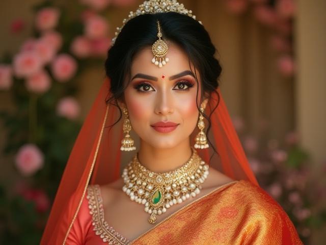 Solekan pengantin tradisional India dengan perhiasan klasik dan warna-warna cerah.