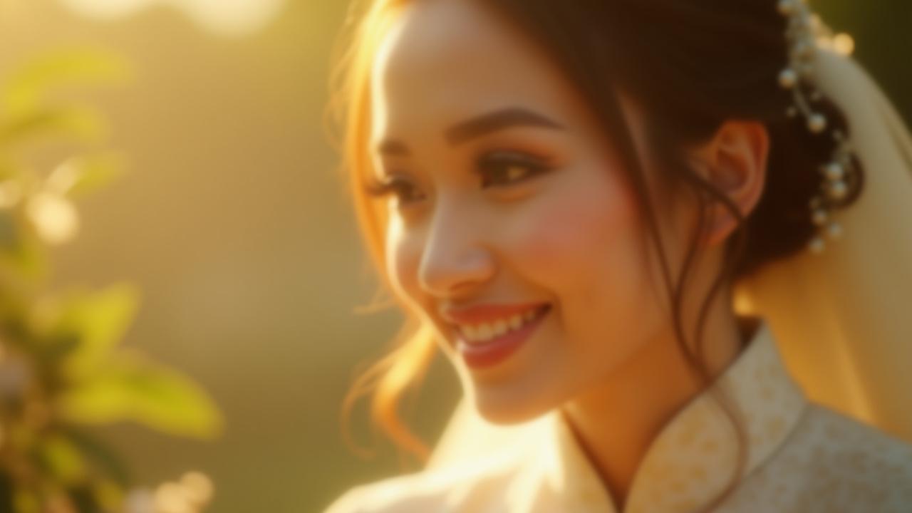 Pengantin Melayu menawan dengan solekan dan dandanan rambut yang sempurna, tersenyum bahagia pada hari perkahwinannya, menonjolkan kecantikan asli.