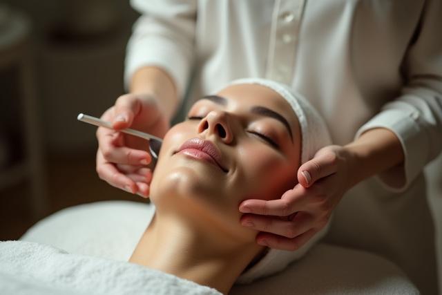 Seorang wanita menerima facial pembersihan mendalam yang tenang
