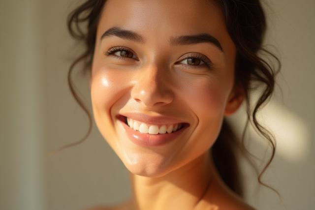 Seorang wanita muda dengan kulit berseri selepas rawatan hydrating facial