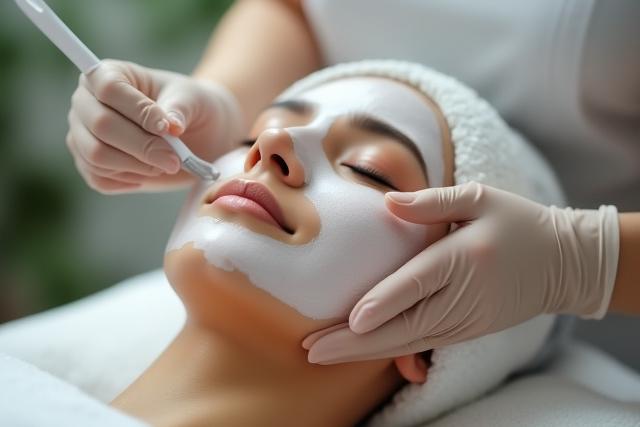 Seorang terapis mengaplikasikan masker menenangkan pada wajah pelanggan