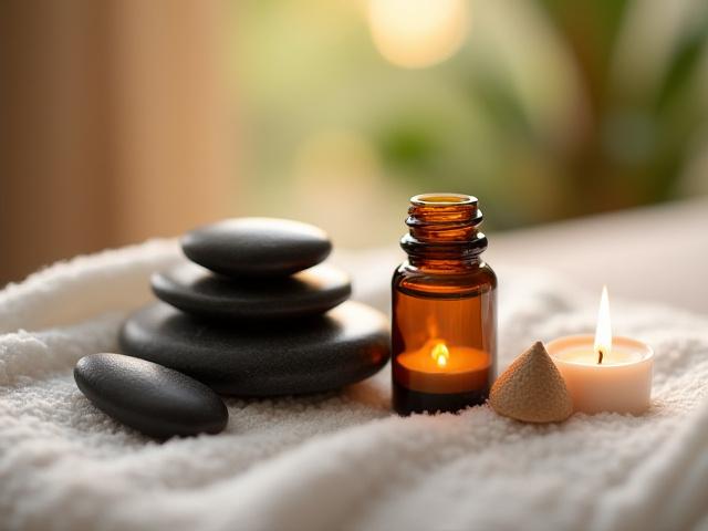 Close-up lilin aromaterapi dan titisan minyak esensial di atas tuala katil urut.