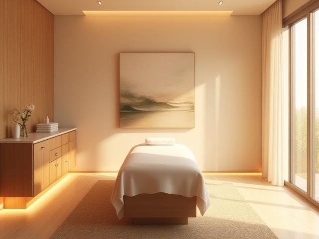 Bilik urutan yang luas dengan katil urut yang selesa dan dekorasi yang menenangkan.